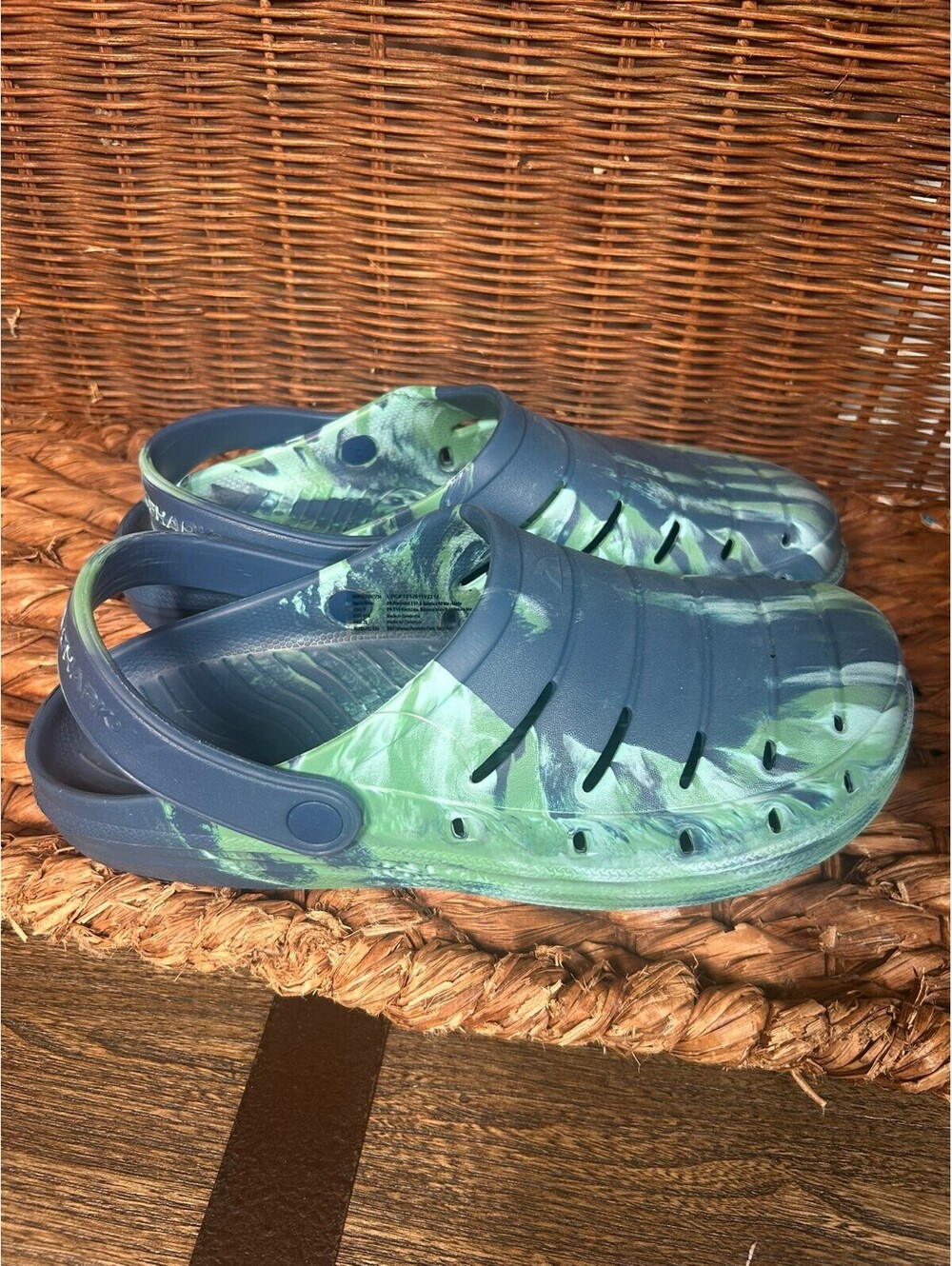 Blue green marbled clogs